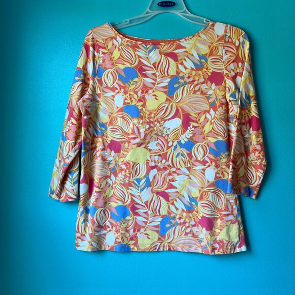 Talbots Women T Shirt Small Cotton Bateau Neck Tee Multi Color Flower 3/4 Sleeve - Picture 2 of 8